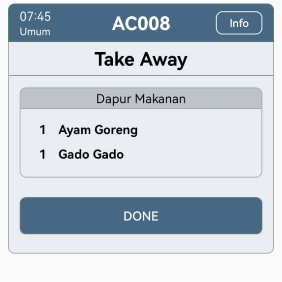 Kitchen Display System menampilkan daftar pesanan tamu berdasarkan jam masuknya